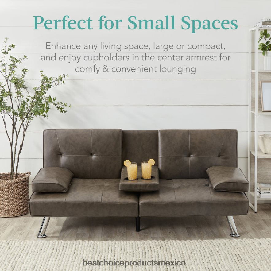 accesorio Sofá cama convertible tapizado en piel sintética futón con 2 portavasos Best Choice Products gris X080FZ630