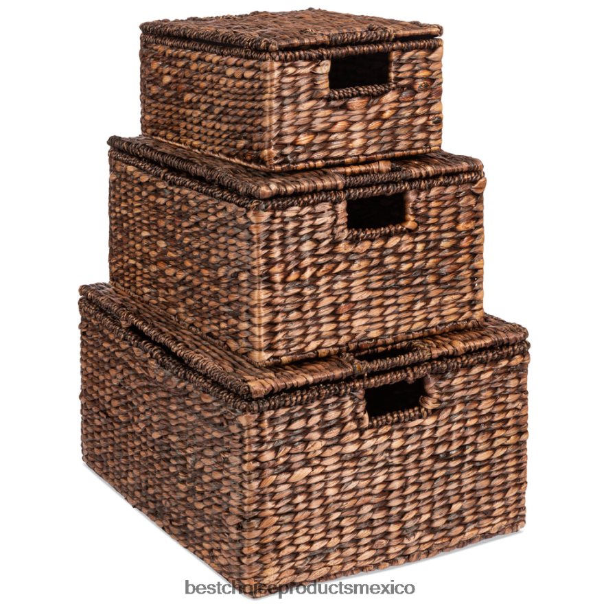 accesorio juego de 3 cestas de almacenamiento grandes de jacinto con asas y tapa Best Choice Products marrón X080FZ728