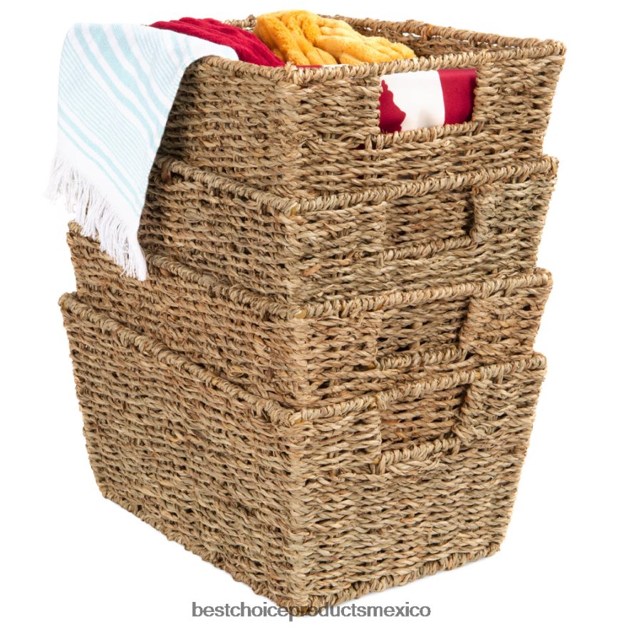 accesorio juego de 4 cestas de almacenamiento de junco marino, organizador de ropa con asas insertadas Best Choice Products natural X080FZ729