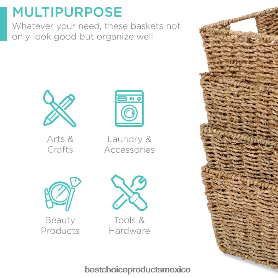 accesorio juego de 4 cestas de almacenamiento de junco marino, organizador de ropa con asas insertadas Best Choice Products natural X080FZ729