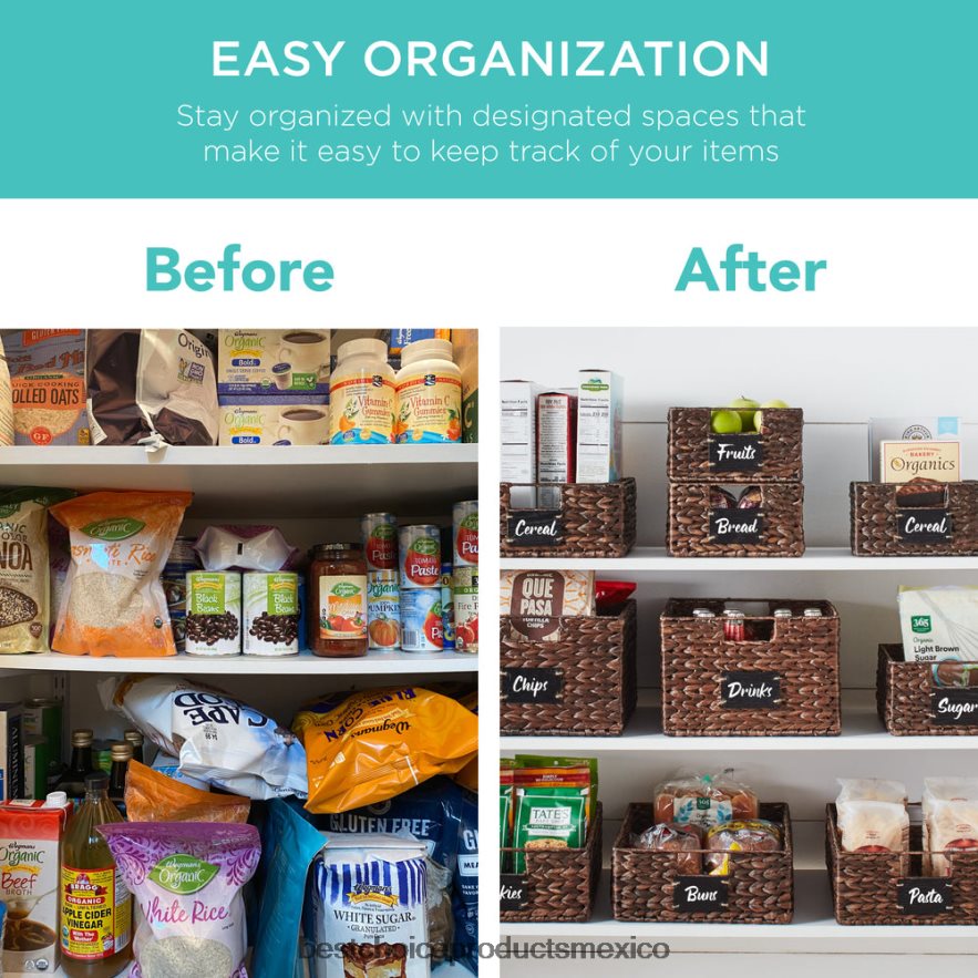 accesorio juego de 4 cestas de despensa de jacinto de agua con pizarra y marcador Best Choice Products marrón X080FZ1207