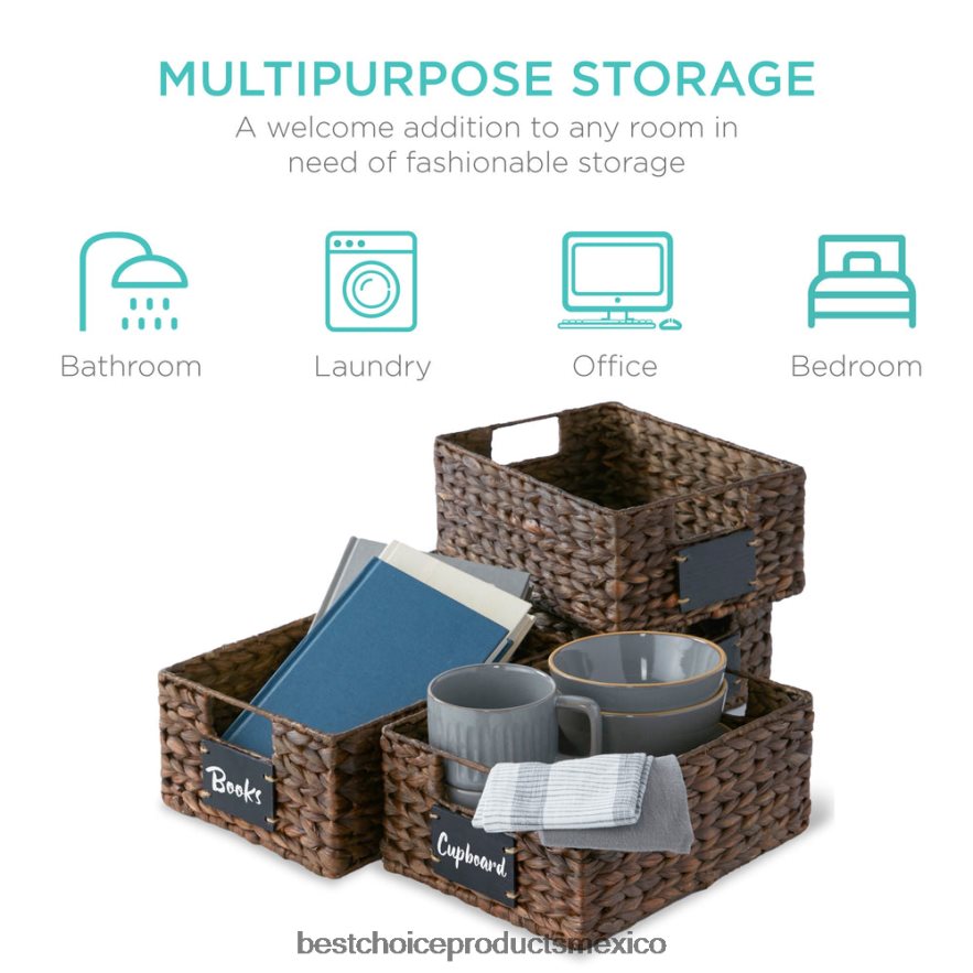 accesorio juego de 4 cestas de despensa de jacinto de agua con pizarra y marcador Best Choice Products marrón X080FZ1207