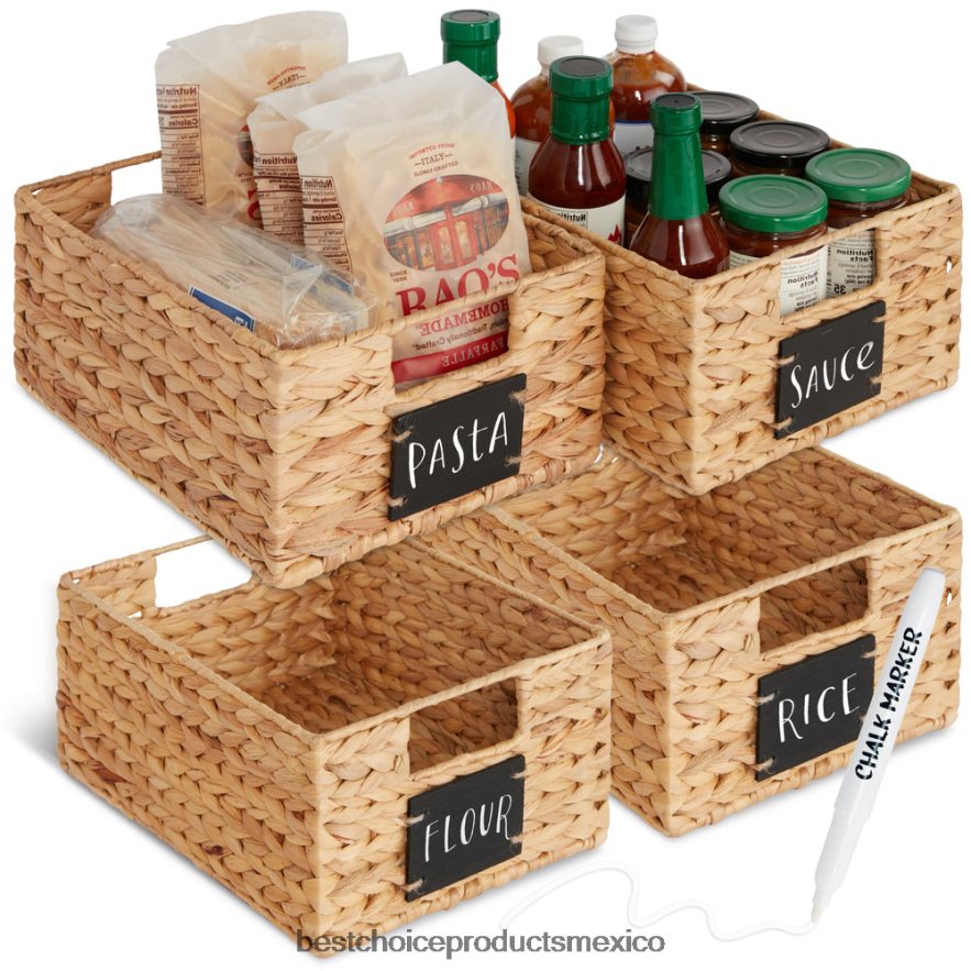 accesorio juego de 4 cestas de despensa de jacinto de agua con pizarra y marcador Best Choice Products natural X080FZ1206