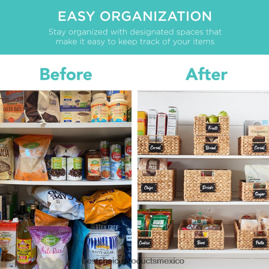 accesorio juego de 4 cestas de despensa de jacinto de agua con pizarra y marcador de tiza Best Choice Products natural X080FZ389