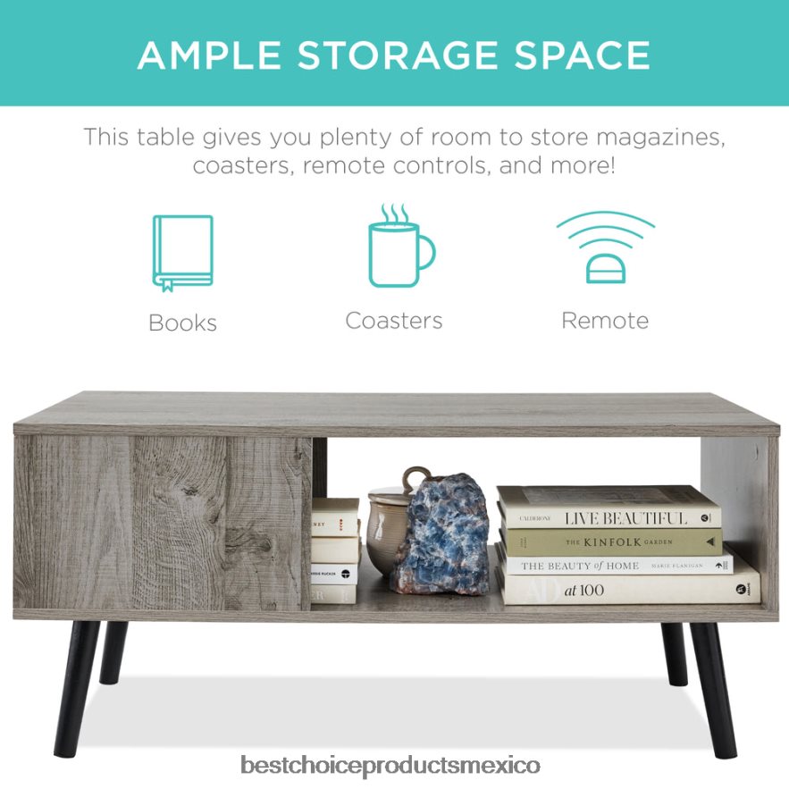 accesorio mesa de centro moderna de madera de mediados de siglo con estante de almacenamiento abierto Best Choice Products gris X080FZ374
