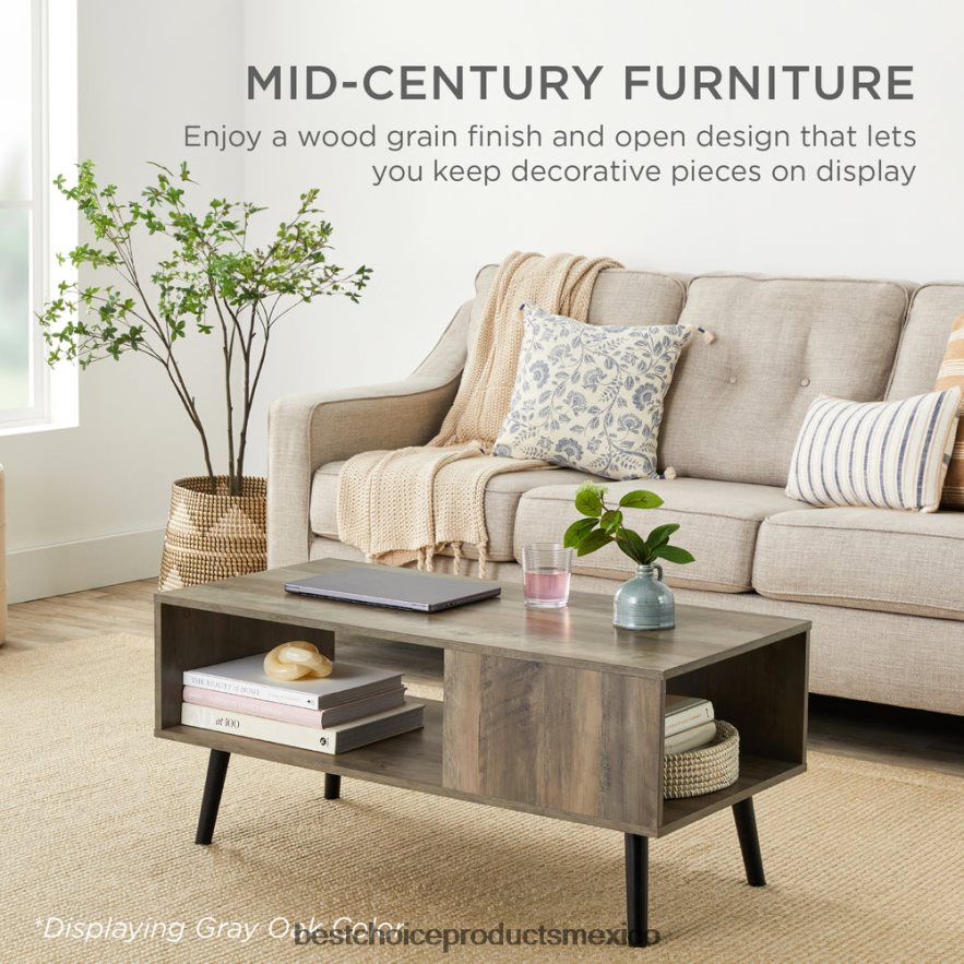 accesorio mesa de centro moderna de madera de mediados de siglo con estante de almacenamiento abierto Best Choice Products nuez X080FZ373