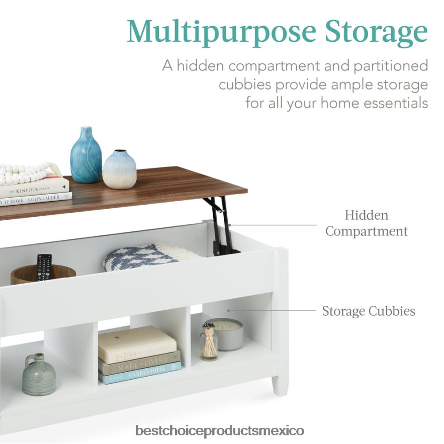 accesorio mesa de centro multifuncional con tapa elevable y almacenamiento oculto, 3 cubículos Best Choice Products blanco X080FZ596