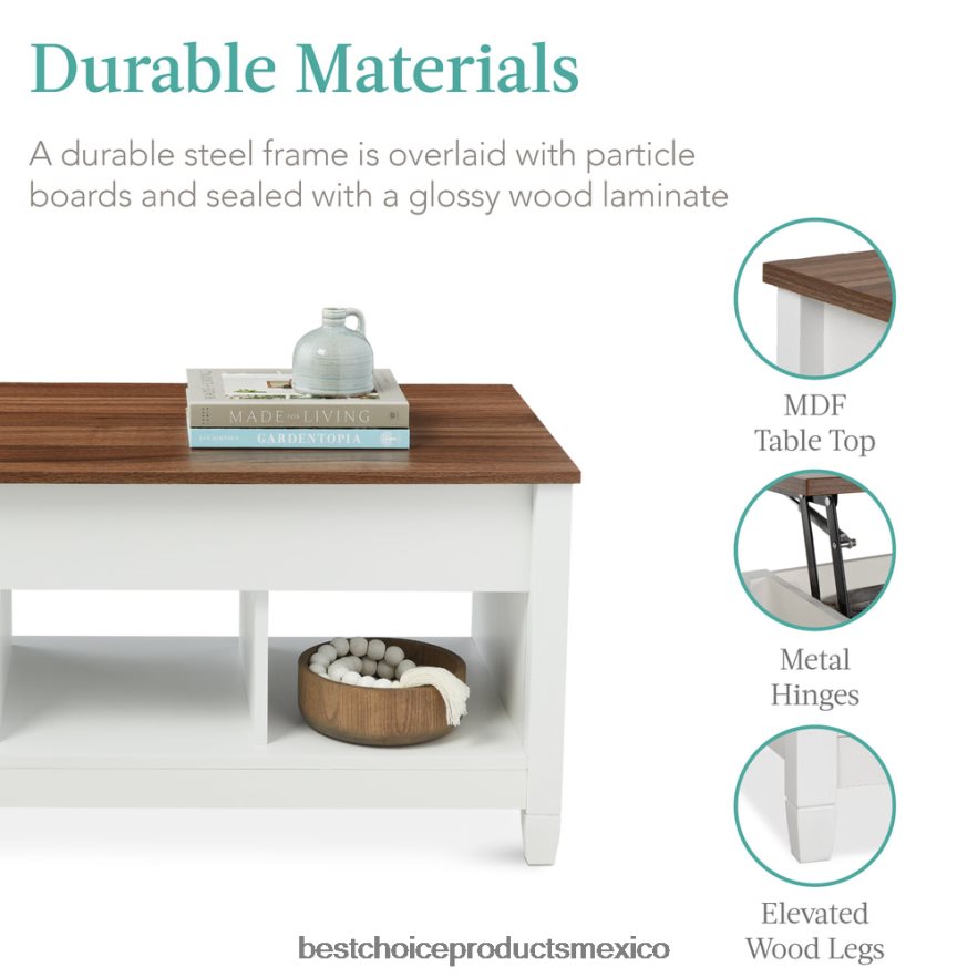 accesorio mesa de centro multifuncional con tapa elevable y almacenamiento oculto, 3 cubículos Best Choice Products blanco X080FZ596