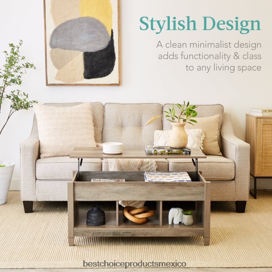 accesorio mesa de centro multifuncional con tapa elevable y almacenamiento oculto, 3 cubículos Best Choice Products roble gris X080FZ597