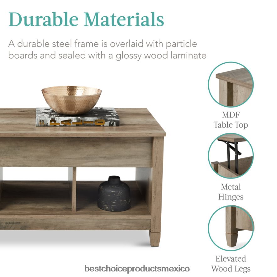 accesorio mesa de centro multifuncional con tapa elevable y almacenamiento oculto, 3 cubículos Best Choice Products roble gris X080FZ597