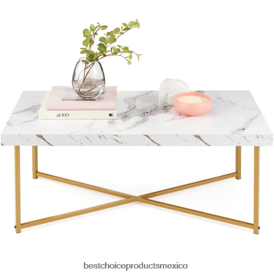 accesorio mesa de centro rectangular con base en X, tapa de mármol sintético, patas que no rayan Best Choice Products oro blanco/bronce X080FZ362