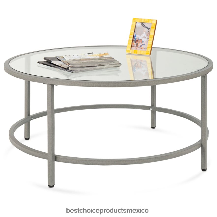 accesorio mesa de centro redonda de vidrio templado con estructura de acero Best Choice Products gris X080FZ1243