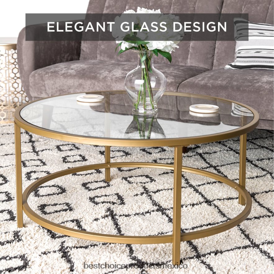 accesorio mesa de centro redonda de vidrio templado con estructura de acero Best Choice Products oro X080FZ1241