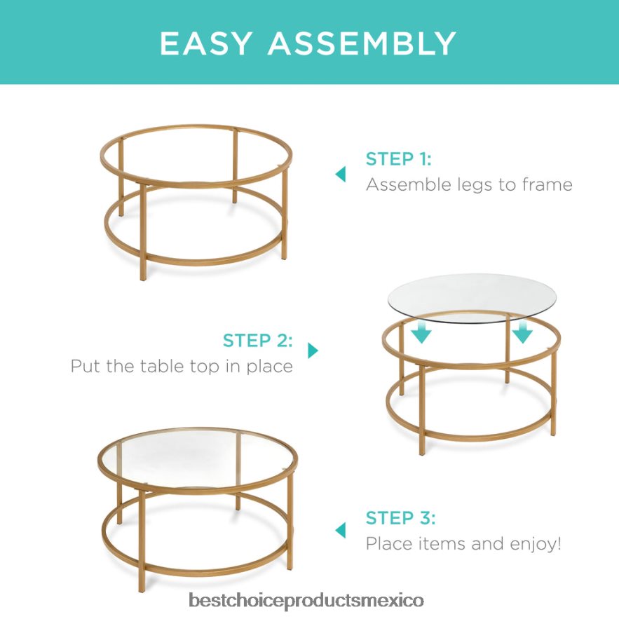 accesorio mesa de centro redonda de vidrio templado con estructura de acero Best Choice Products oro X080FZ1241