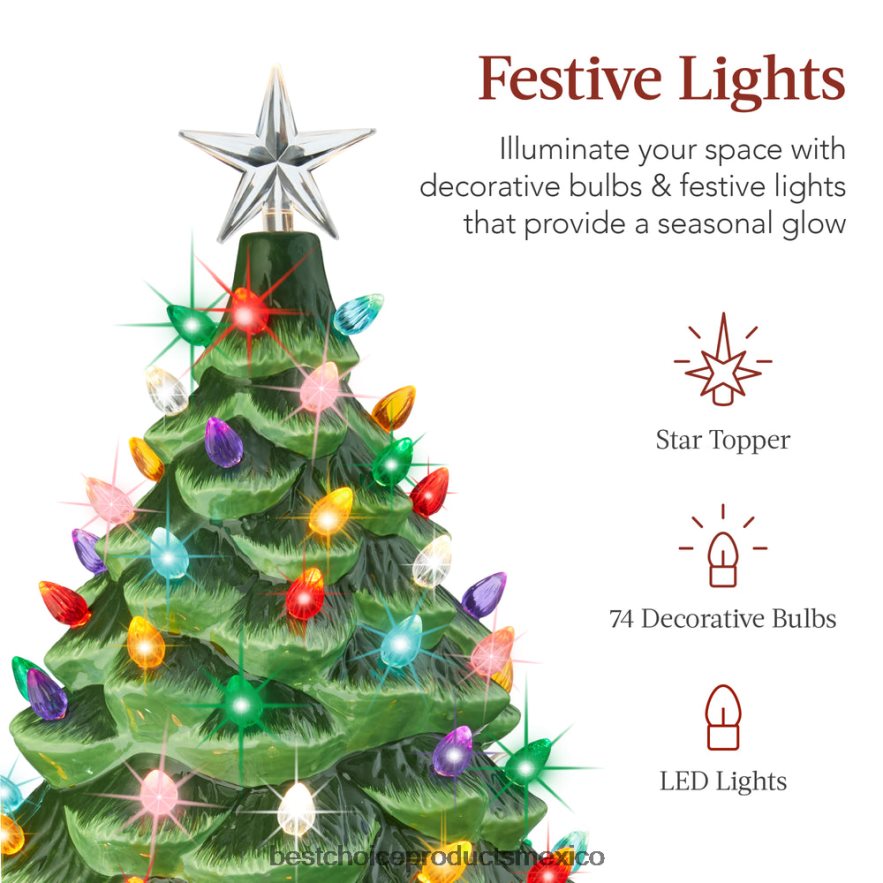 estacional Decoración de árbol de Navidad de cerámica preiluminada XL con luz LED y temporizador. Best Choice Products verde X080FZ164