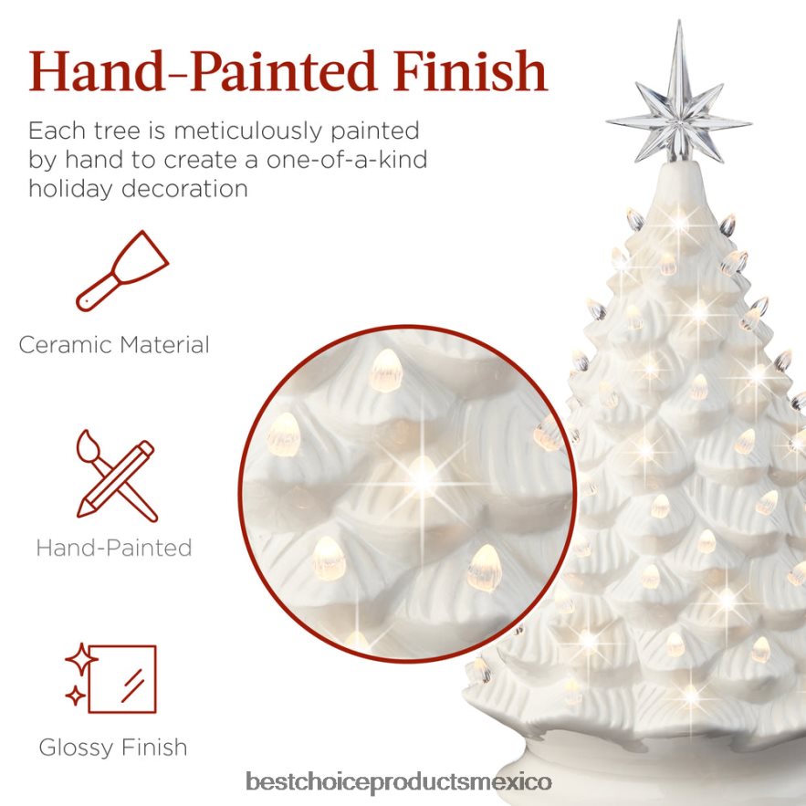 estacional Gran adorno de árbol de Navidad de cerámica preiluminado con luz LED y temporizador. Best Choice Products blanco X080FZ240