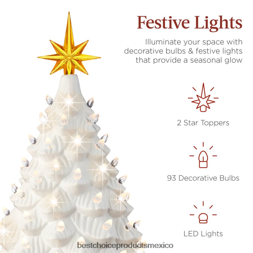 estacional Gran adorno de árbol de Navidad de cerámica preiluminado con luz LED y temporizador. Best Choice Products blanco X080FZ240