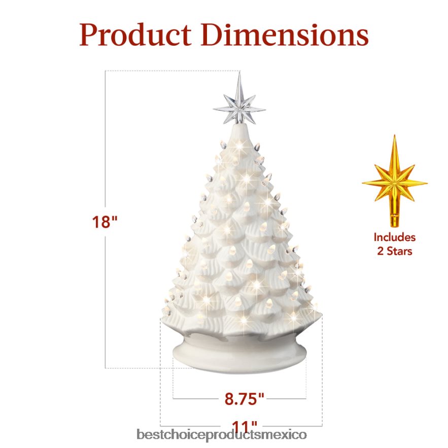 estacional Gran adorno de árbol de Navidad de cerámica preiluminado con luz LED y temporizador. Best Choice Products blanco X080FZ240