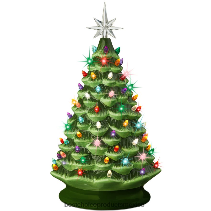 estacional Gran adorno de árbol de Navidad de cerámica preiluminado con luz LED y temporizador. Best Choice Products verde X080FZ241