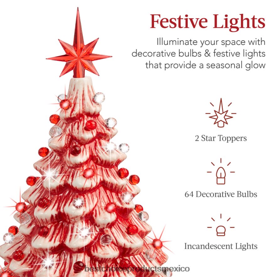 estacional Árbol de Navidad de mesa de cerámica preiluminado con luces - 15 pulgadas Best Choice Products menta con luces rojas y blancas X080FZ218