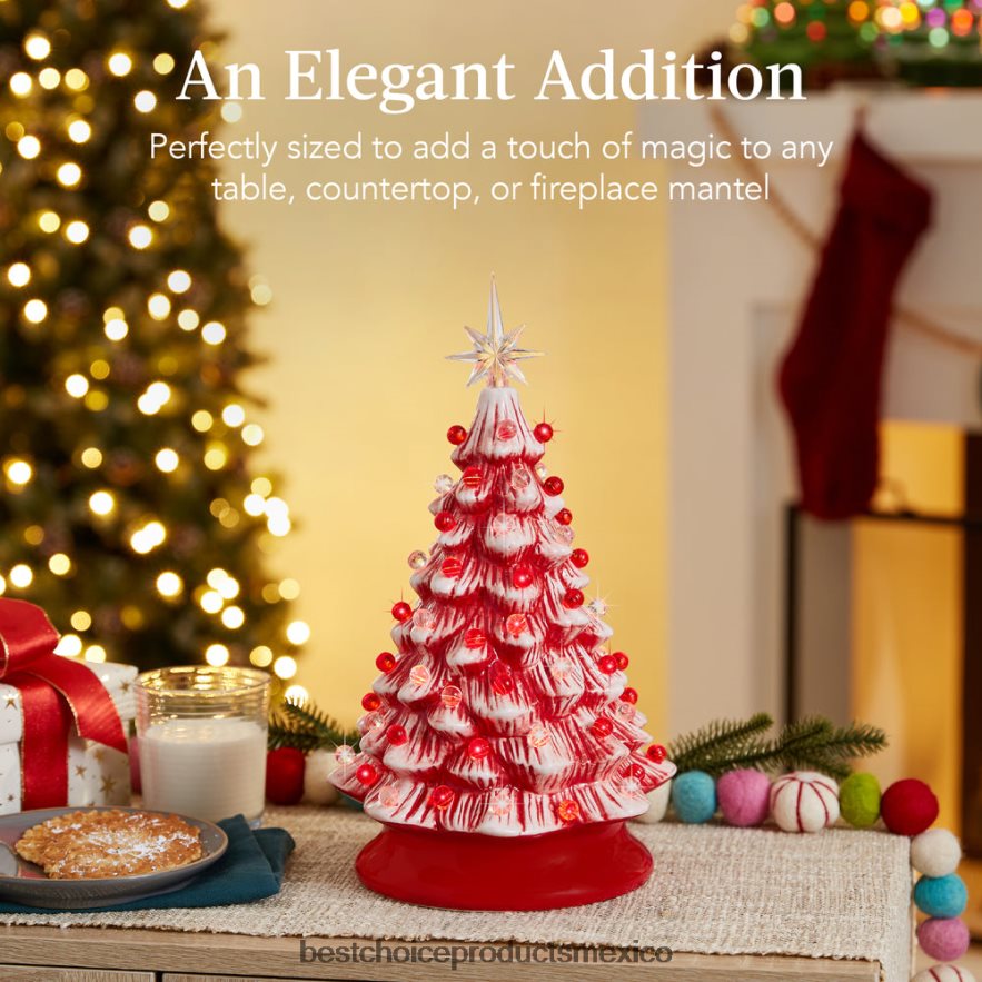 estacional Árbol de Navidad de mesa de cerámica preiluminado con luces - 15 pulgadas Best Choice Products menta con luces rojas y blancas X080FZ218