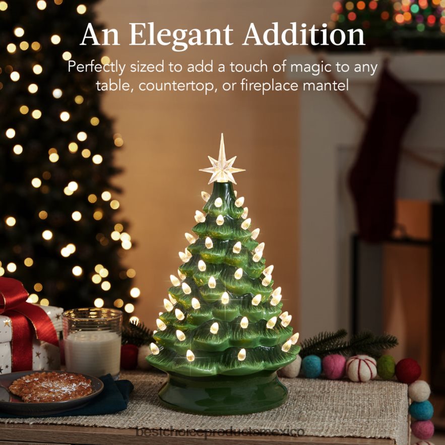 estacional Árbol de Navidad de mesa de cerámica preiluminado con luces - 15 pulgadas Best Choice Products verde con luces blancas cálidas X080FZ217