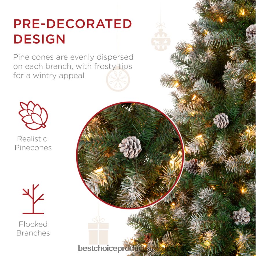 estacional Árbol de Navidad preiluminado y decorado con puntas flocadas y piñas. Best Choice Products belleza X080FZ73