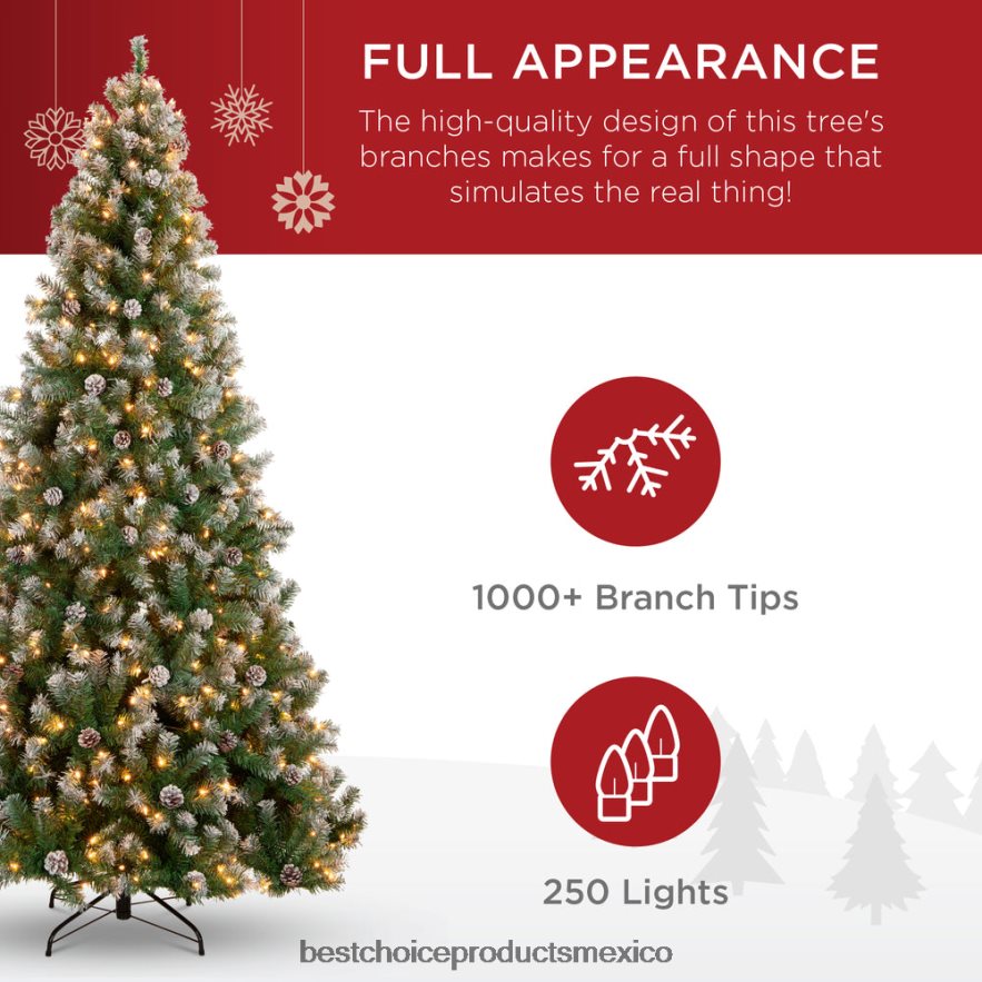 estacional Árbol de Navidad preiluminado y decorado con puntas flocadas y piñas. Best Choice Products belleza X080FZ73