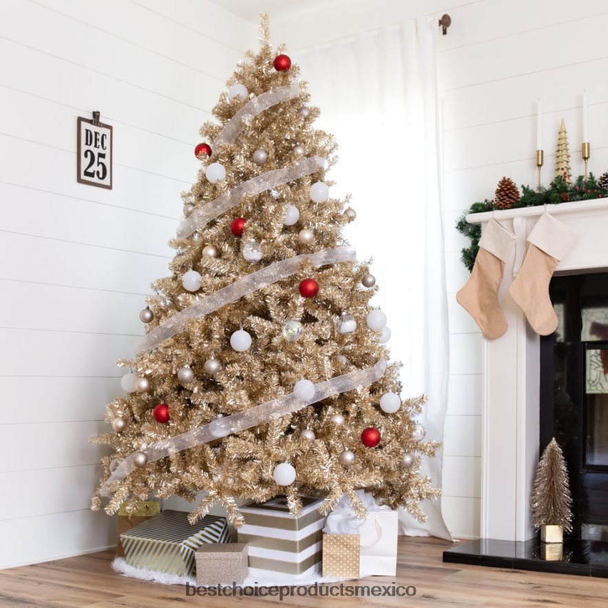 estacional Árbol de Navidad de oropel artificial color champán con soporte plegable Best Choice Products belleza X080FZ239