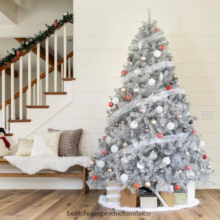 estacional Árbol de Navidad de oropel artificial plateado con soporte plegable Best Choice Products belleza X080FZ177