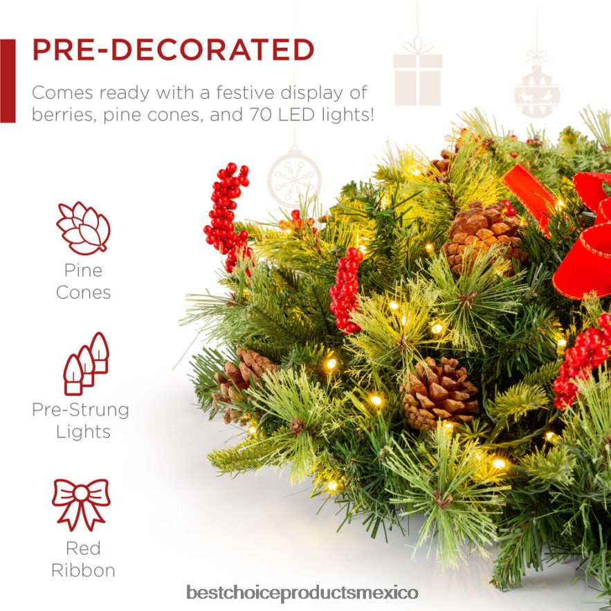 estacional Corona navideña preiluminada con pilas, luces, puntas de PVC y cinta Best Choice Products belleza X080FZ38