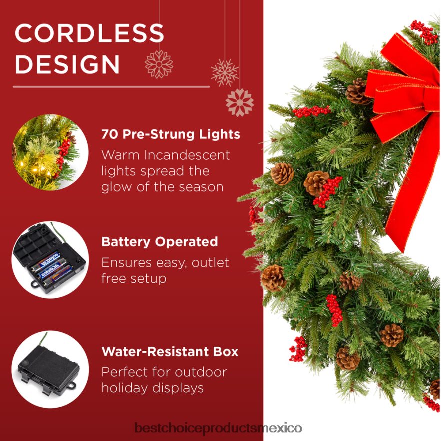 estacional Corona navideña preiluminada con pilas, luces, puntas de PVC y cinta Best Choice Products belleza X080FZ38