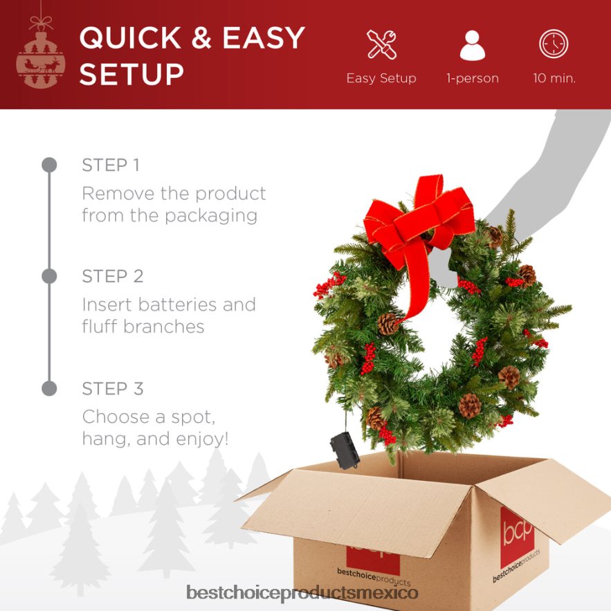 estacional Corona navideña preiluminada con pilas, luces, puntas de PVC y cinta Best Choice Products belleza X080FZ38