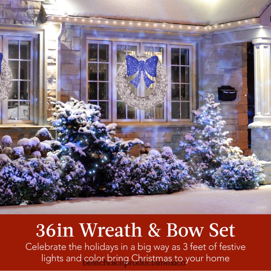 estacional Corona navideña preiluminada para exteriores, decoración navideña de metal LED con lazo Best Choice Products azul plateado X080FZ129