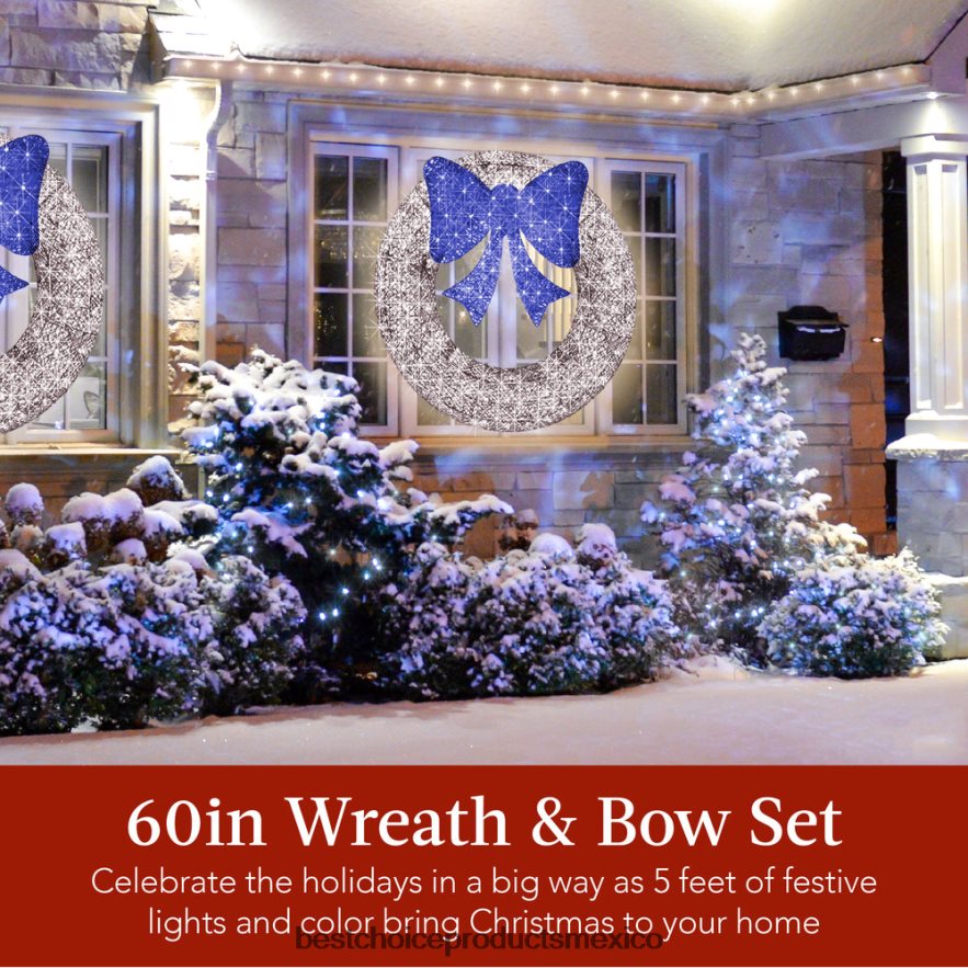 estacional Corona navideña preiluminada para exteriores, decoración navideña de metal LED con lazo Best Choice Products azul plateado X080FZ213