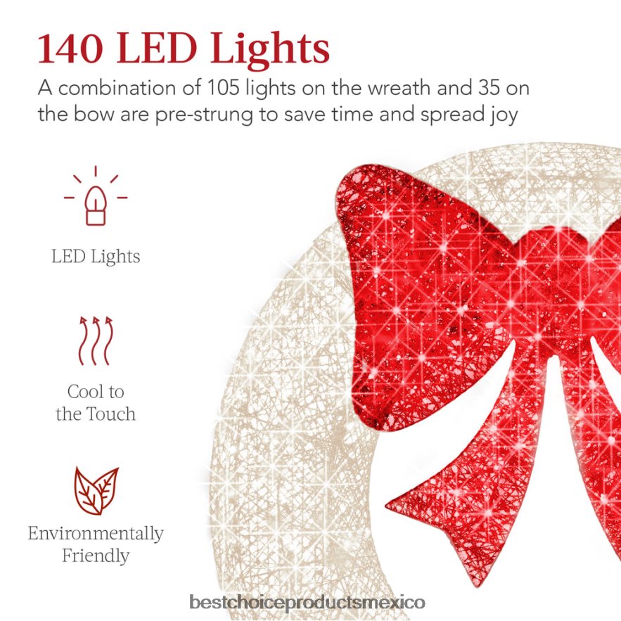estacional Corona navideña preiluminada para exteriores, decoración navideña de metal LED con lazo Best Choice Products blanco rojo X080FZ126