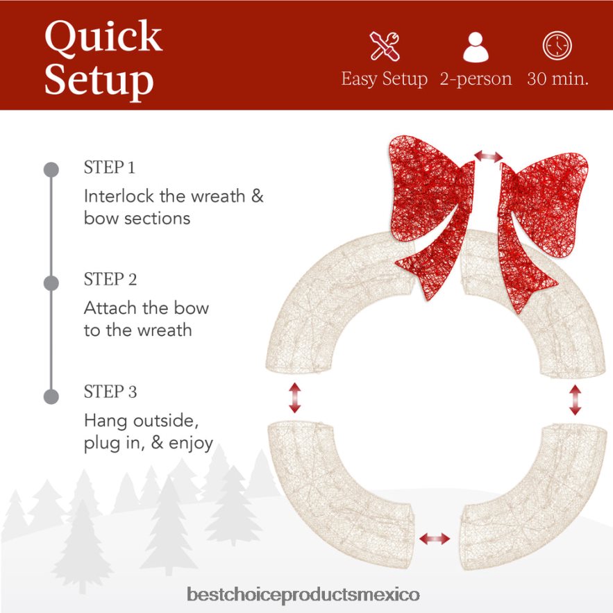 estacional Corona navideña preiluminada para exteriores, decoración navideña de metal LED con lazo Best Choice Products blanco rojo X080FZ130