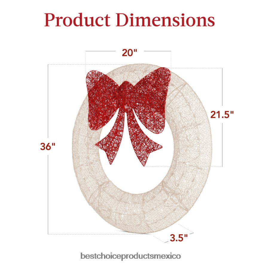 estacional Corona navideña preiluminada para exteriores, decoración navideña de metal LED con lazo Best Choice Products blanco rojo X080FZ130