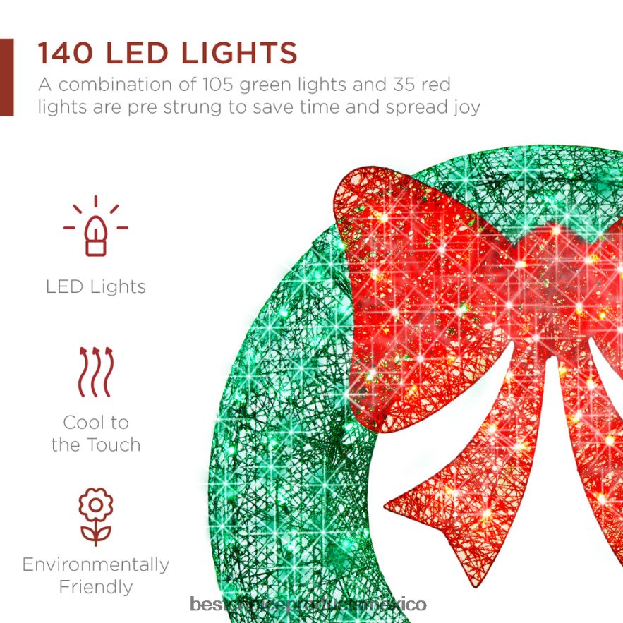 estacional Corona navideña preiluminada para exteriores, decoración navideña de metal LED con lazo Best Choice Products verde rojo X080FZ124