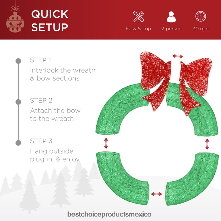 estacional Corona navideña preiluminada para exteriores, decoración navideña de metal LED con lazo Best Choice Products verde rojo X080FZ124