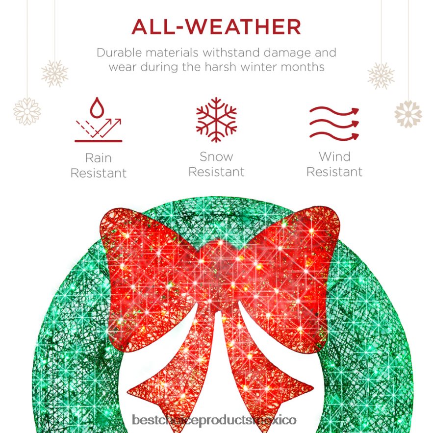 estacional Corona navideña preiluminada para exteriores, decoración navideña de metal LED con lazo Best Choice Products verde rojo X080FZ124