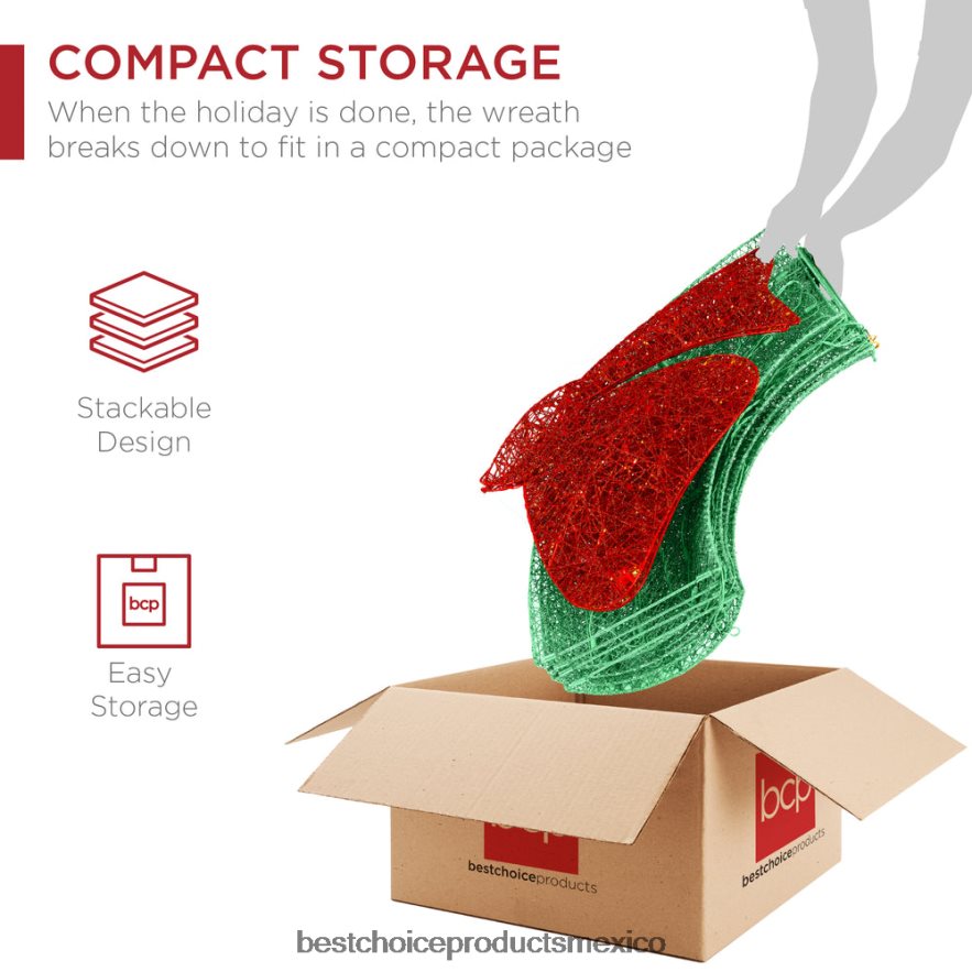 estacional Corona navideña preiluminada para exteriores, decoración navideña de metal LED con lazo Best Choice Products verde rojo X080FZ124