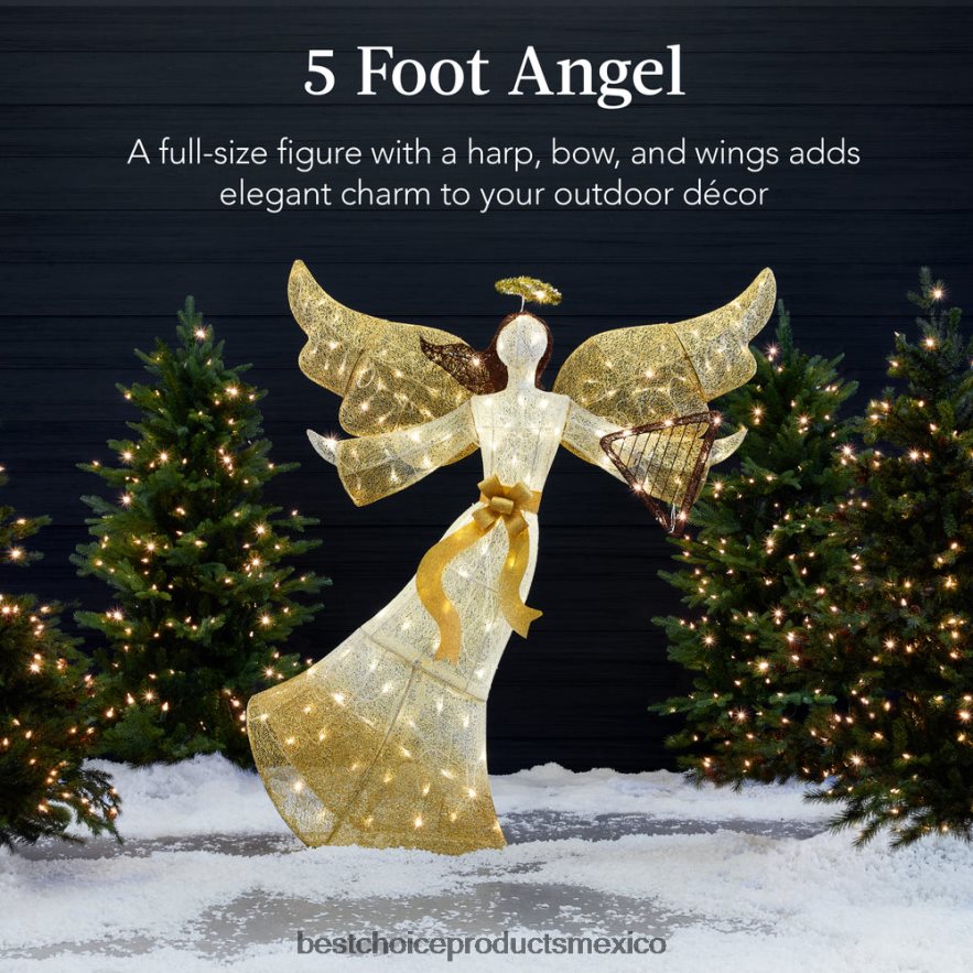 estacional Decoración navideña de ángel iluminada para exteriores con 140 luces, arpa y estacas Best Choice Products oro X080FZ68