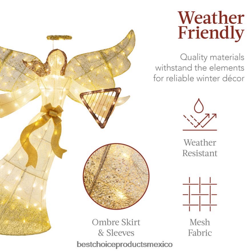 estacional Decoración navideña de ángel iluminada para exteriores con 140 luces, arpa y estacas Best Choice Products oro X080FZ68