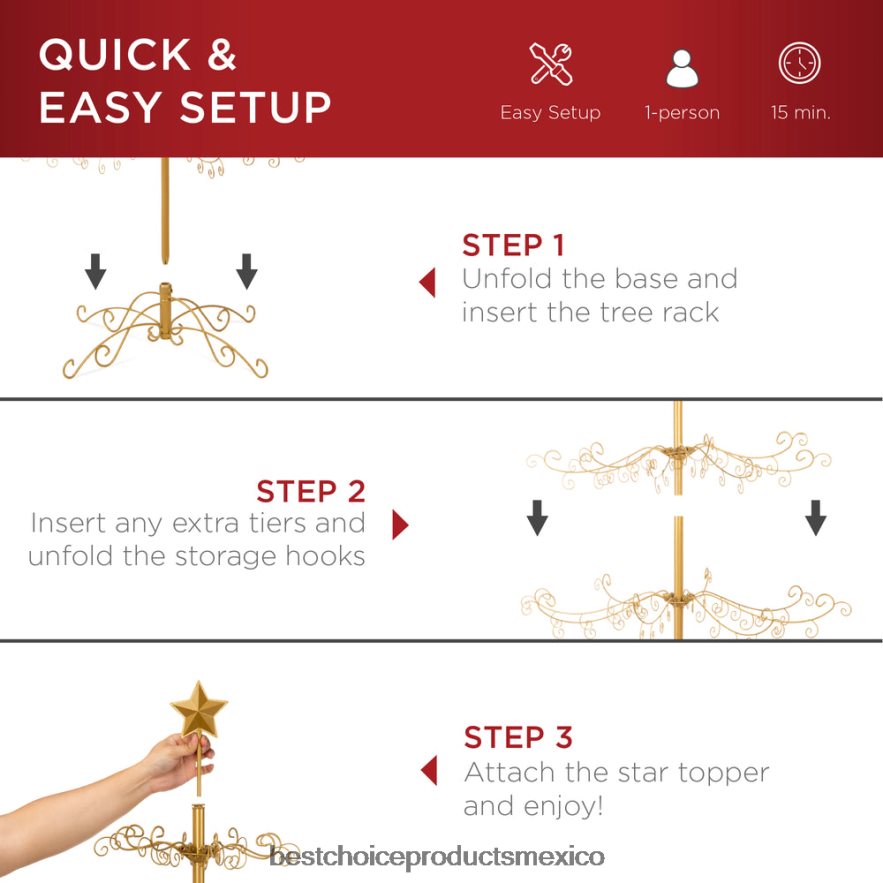 estacional Expositor de adorno para árbol de Navidad de hierro forjado con fácil montaje Best Choice Products oro X080FZ141
