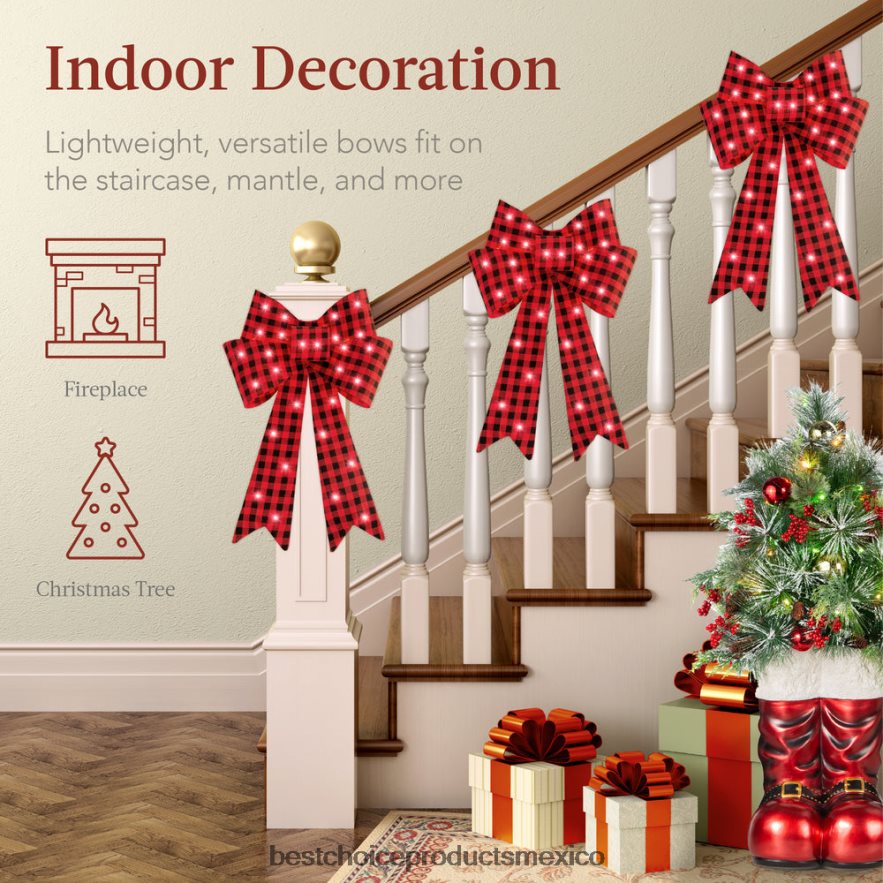 estacional Juego de 3 adornos navideños preiluminados, decoración navideña LED con 8 funciones Best Choice Products tartán X080FZ60