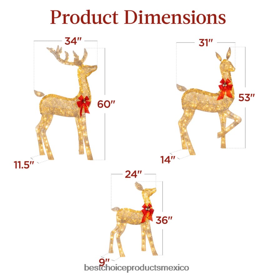 estacional Juego de ciervos navideños iluminados de 3 piezas para decoración al aire libre con luces LED Best Choice Products oro X080FZ18