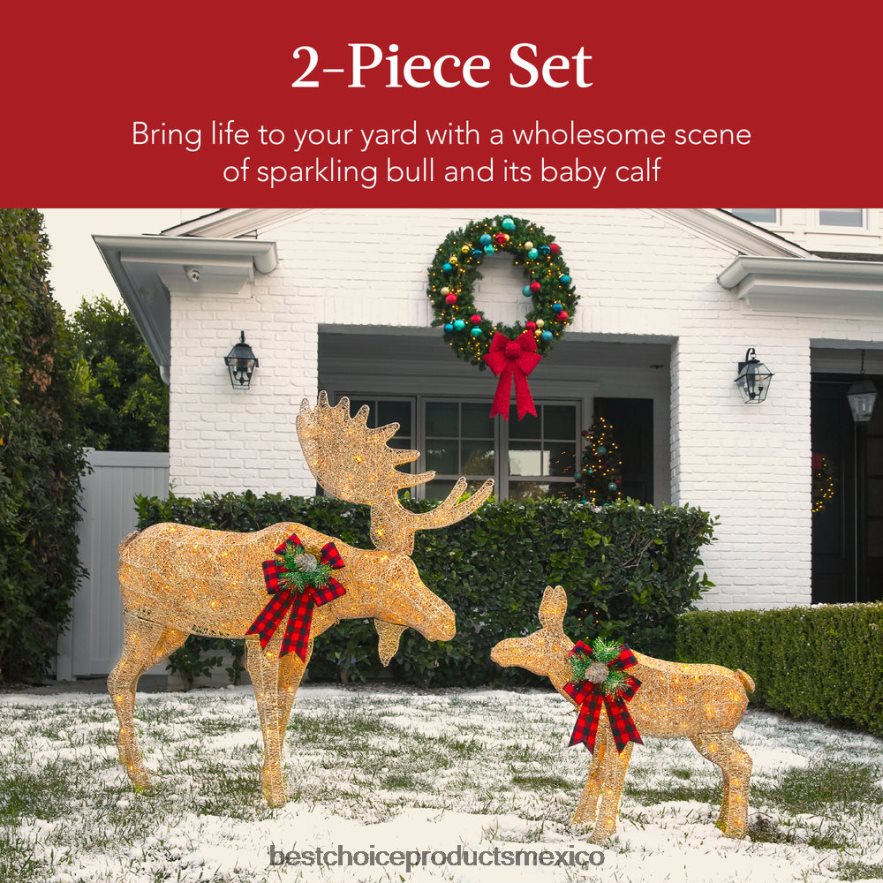 estacional Juego de decoración navideña para exteriores con iluminación familiar de alces de 2 piezas con luces LED Best Choice Products oro X080FZ70