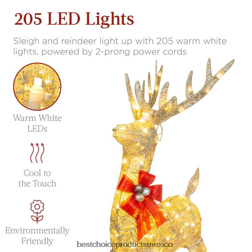 estacional Juego de decoración para exteriores con renos y trineos navideños iluminados con luces LED Best Choice Products oro X080FZ45