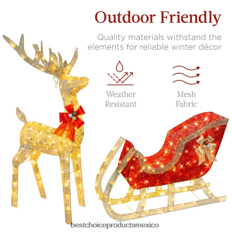 estacional Juego de decoración para exteriores con renos y trineos navideños iluminados con luces LED Best Choice Products oro X080FZ45